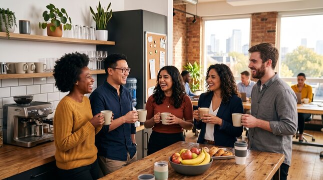 Diverse colleagues enjoying coffee break in modern office kitchen