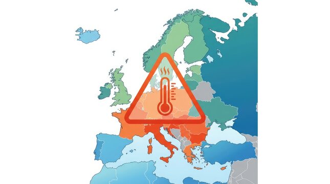 Europe map showing countries with temperature increase and a warning sign with thermometer