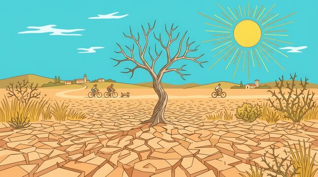 Dry Landscape with Cracked Soil and Dried River Caused by Extreme Heatwave and High Temperature Showing Climate Change and Drought Crisis