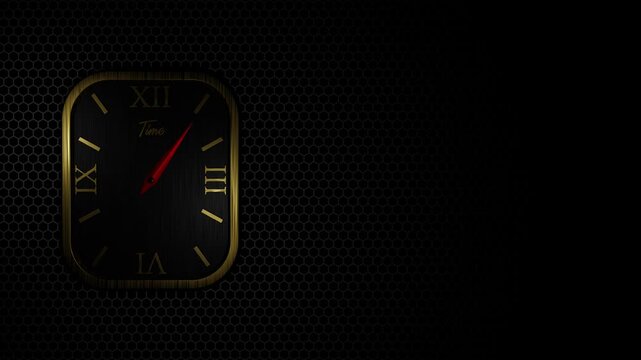 Minimalist black clock face with ticking red second hand looping on dark honeycomb mesh background