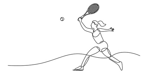 Continuous single line drawing of a woman playing tennis hitting a ball with a racket in a dynamic motion sports pose Vector, illustration © D-Stocker2026