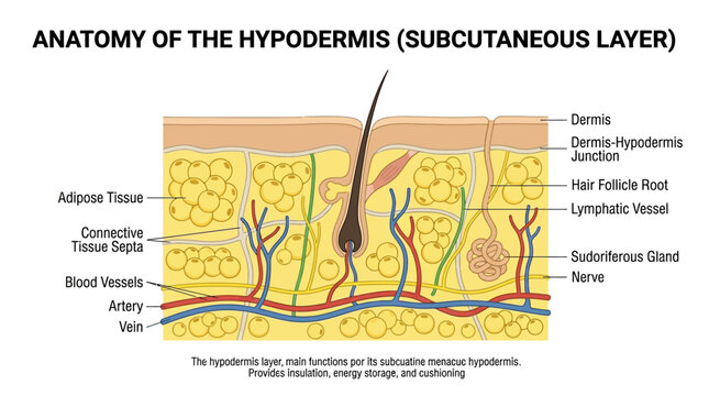 Detailed anatomical illustration of human skin layers, focusing on the hypodermis and subcutaneous layer with labeled components.