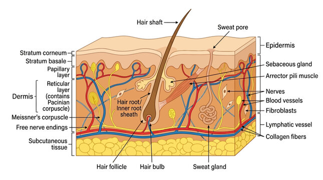 Detailed anatomical illustration of human skin layers with labeled components and structures in a medical educational diagram.