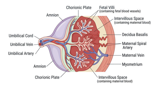 Detailed anatomical illustration of a placenta with labeled components including umbilical cord, amnion, and maternal spiral artery against a clean white background.