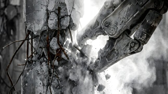 Heavy hydraulic crusher breaking a concrete pillar with rebar at demolition site with dramatic dusty lighting.