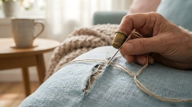Closeup of an elderly hand using a thimble and needle to mend a blue cushion with natural light in a cozy home