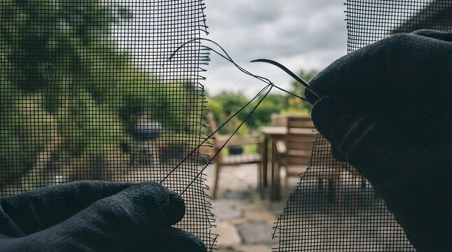 Gloved hands repairing a torn mesh window screen with a needle and thread, blurred backyard patio backgrounds.