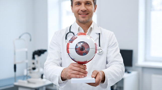 Male doctor in clinic holding large anatomical eye model with stethoscope visible