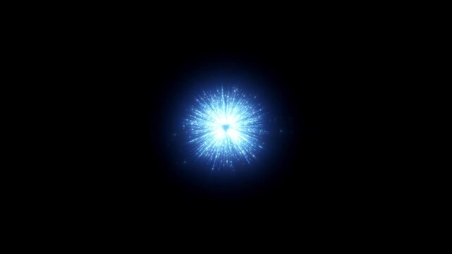 4K Blue Particle Trail to Energy Explosion Background Animation, Glowing Light Streak with Sparkling Burst on Black for Motion Graphics, Overlays and Intros