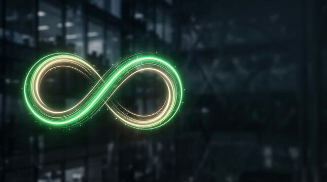 Abstract circular economy background with glowing infinite loop representing sustainable resource management and zero waste corporate strategy.