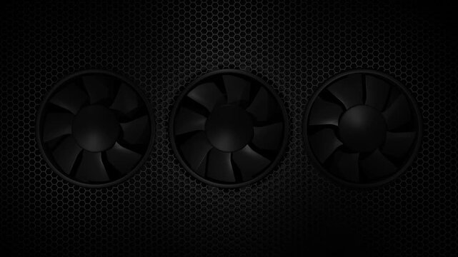 Spinning triple black cooling fans loop on honeycomb background