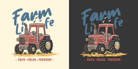 Vintage Red Farm Tractor With Rural Countryside T shirt Illustration. Retro Agricultural Vehicle for Farming Machinery Vector Illustration © Jovi MIng