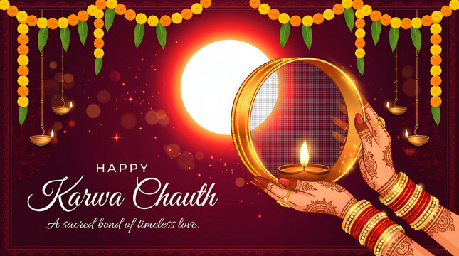 Festive Karwa Chauth Chalni Diya Greeting Card Design