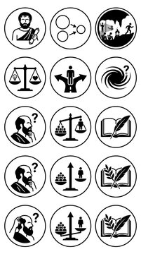 Philosophy Icons: Socrates, Scales of Justice, Decision Making, Book & Quill, Abstract Concepts