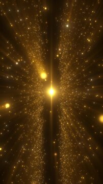 Vertical 4K Golden Particle Portal Background Animation, Luxury Glitter Light Gate with Glowing Energy Rays on Black for Motion Graphics, Intros and Overlays
