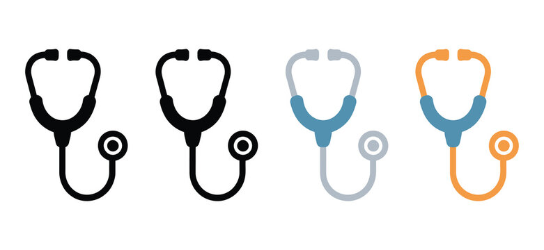 stethoscope icon evolution set in silhouette, outline, sketch and full color styles, editable healthcare and medical diagnosis symbol collection, clean modern vector illustration isolated on white bac