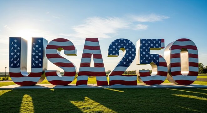 Large 3D USA 250 letters with flag pattern outdoors.