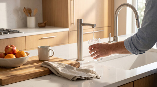 Filtered tap water as part of a modern morning kitchen routine