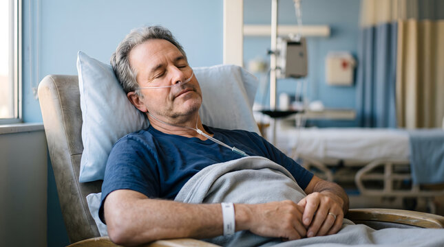 Middle aged male patient resting in hospital chair with oxygen tube and wristband