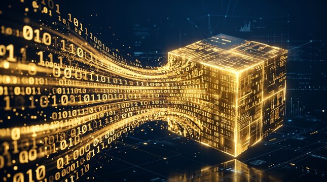 Abstract glowing cube formed by streams of binary code data flow in digital cyberspace