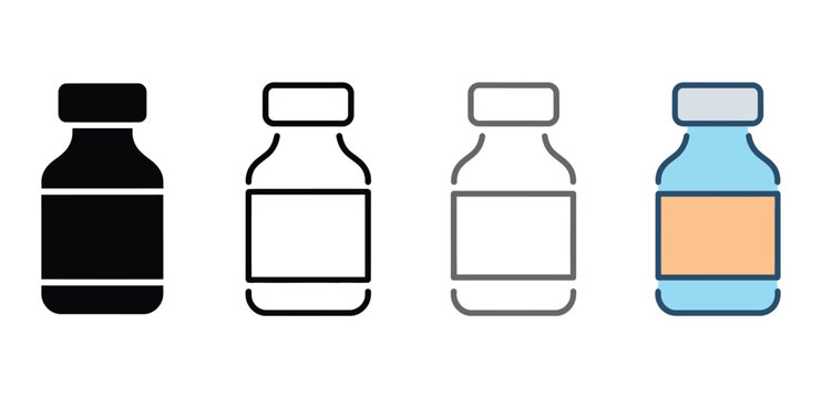 medicine bottle and vial icon collection featuring silhouette, line art, sketch and colored variations, pharmacy, healthcare treatment and drug dosage symbols, clean modern editable vector set for UI,