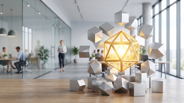 Abstract geometric shapes floating in a modern office environment with people working in the background