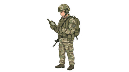 A soldier in camouflage uniform and helmet stands on a white background, looking at a smartphone while holding a rifle and wearing a backpack. © Dhiyak Boneto