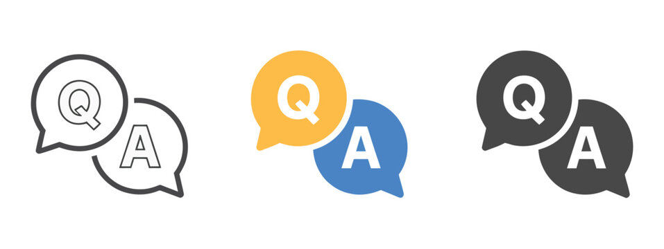 QA icon set representing overlapping chat bubbles with Q and A letters sign for question and answer communication dialog system support interface vector, design