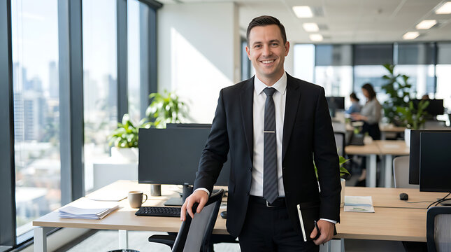 Confident Business Executive Standing in Modern Corporate Office with Professional Leadership and Successful Career Concept