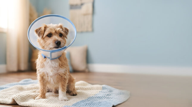 Small terrier dog wearing protective cone collar sitting on rug at home