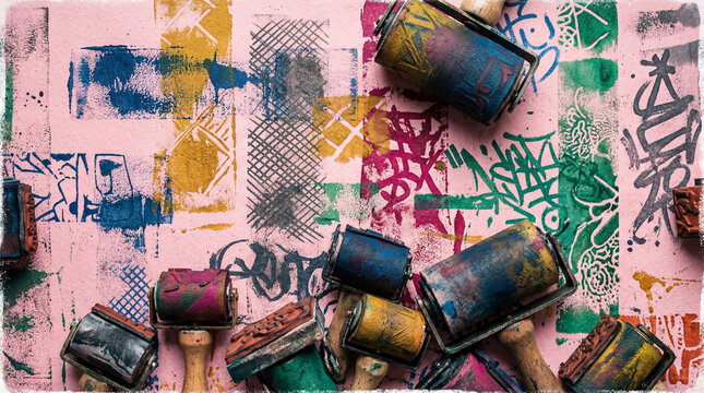 Colorful abstract art background with paint rollers creating grunge textures on pink paper