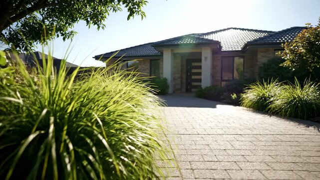 Modern suburban house with green plants and paved driveway