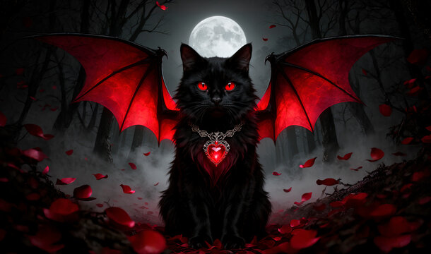 gato negor, vampiro, rojo, ojos rojos, petalos rojos, petalos, halloween, vector, calabaza, ilustraci&oacute;n, negro, bate, oto&ntilde;al, luna, arte, vacaciones, horror, moreno, asustadizo, designio, silueta, dib