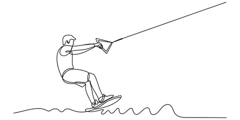 Continuous single line drawing of a man wakeboarding on water holding a rope handle for active summer water sports activity Vector, illustration © Continuous Line Art