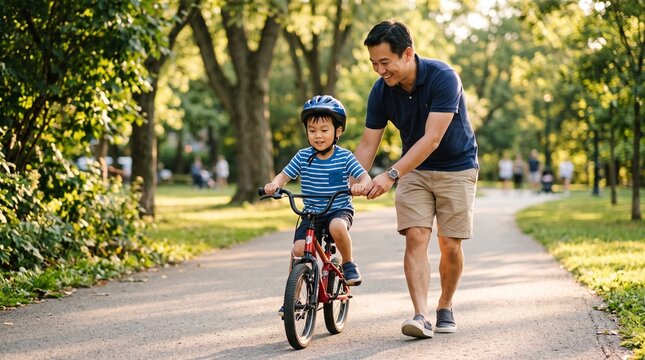 Father teaches son to ride bicycle in sunny park with trees and path