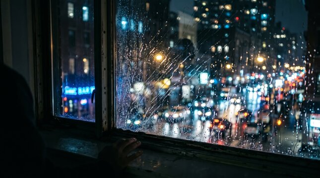 Candid reflection of city lights on a dark window pane