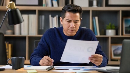 Fototapeta premium Generative AI, Focused man reviewing financial documents at his home office