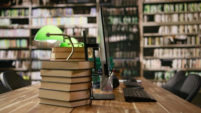 Multiple monitors show chatbot and blue presentation screen, digital content on interfaces at library study desk, workspace with books, green lamps and keyboards, for education technology.