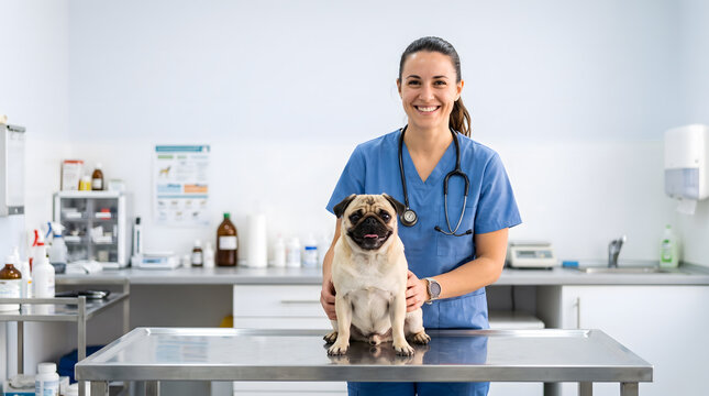 Female veterinarian in blue scrub smiling with pug dog on examination table