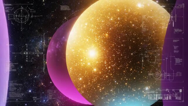 Futuristic digital abstract of glowing space planets and star fields, cosmic galaxy scenes with advanced technology, vibrant colors, overlapping planets, and blueprint inspired cosmic astronomy