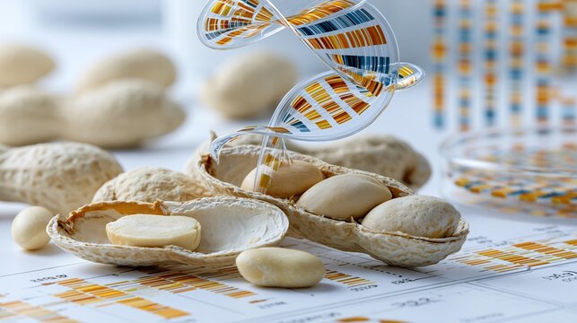 Scientific still life of split peanut pods, kernels, and a translucent DNA helix hovering above a sequencing readout, with chromosomal bands, gene-mapping lines, and a lab petri dish on a clean white