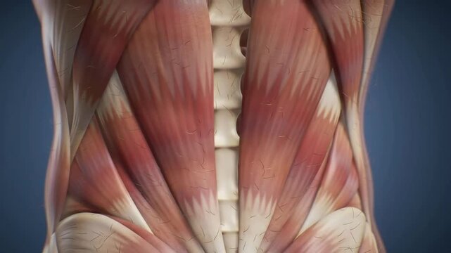 Detailed 3D CGI Overlay Of The Lower Back Lumbar Region Showcasing Muscle Layers For Educational Purposes