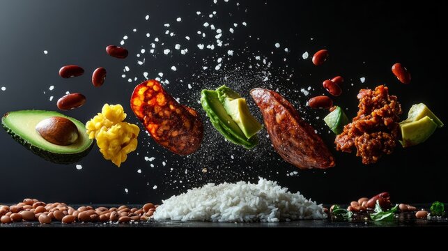 Bandeja paisa, beans, avocado, rice, chicharron generative ai