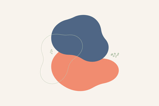 Abstract minimalist organic poster design with flat terracotta and navy blue shapes, fine line art and subtle dots decoration on cream background