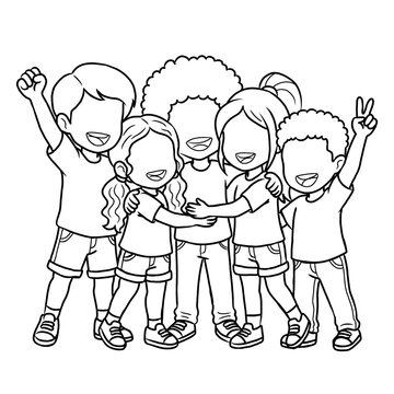 Chibi Faceless Happy Children Hugging Coloring Page Outline