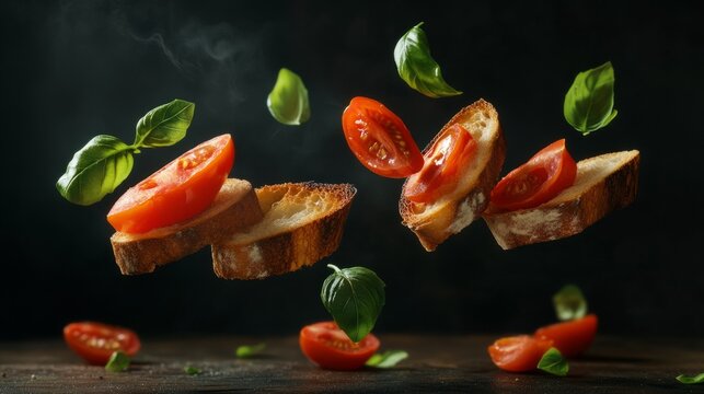 bruschetta, toasted bread, basil, and cheese generative ai