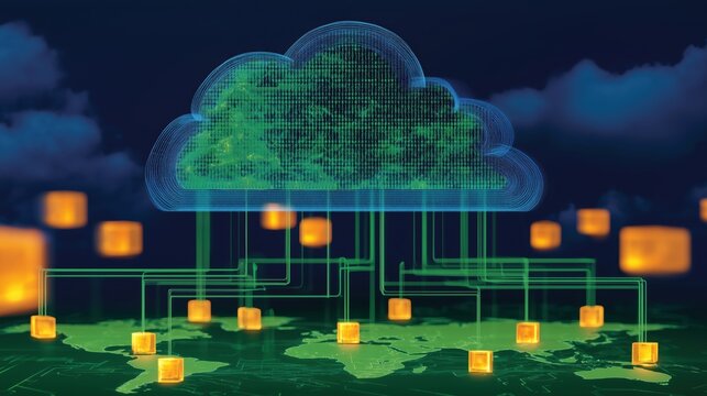 cloud technology, featuring a prominent blue outlined cloud at the top, filled with green binary data distributed over a green world map at the bottom Generative AI