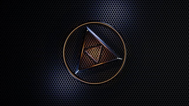 Spinning futuristic metallic triangle loop on honeycomb background