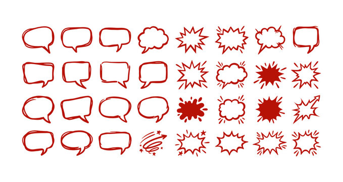 Set of red hand drawn speech bubbles and comic style burst effects for creative design.