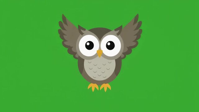 A cute cartoon owl illustration with spread wings isolated on green screen chroma key background.